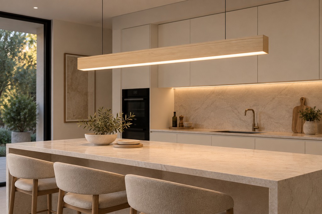 Perfil Colgante LED Triac Dimmable L1480*W50*H80mm Bridgelux LED 40W 3000K CRI:Ra90 - Acabado en Madera Clara