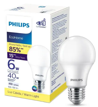 [929002386497] Bombillo PHILIPS EcoHome A19 LED 6W E27 3000K 450lm CRI80 120/60Hz